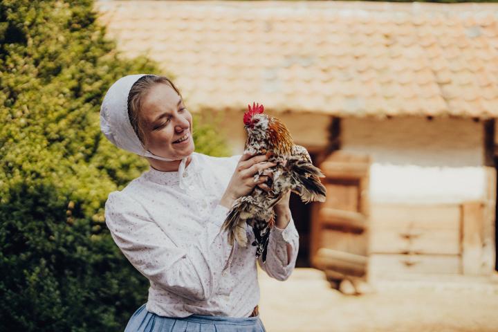 Living History actrice - boerin - met een kip in de handen