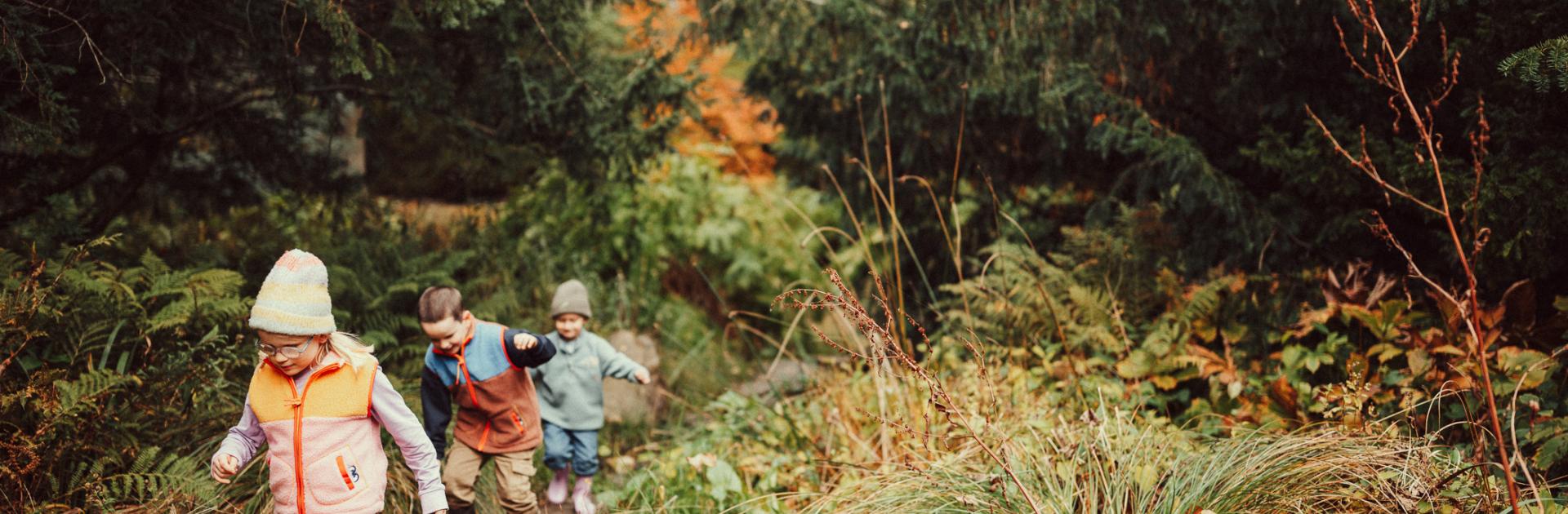 Kinderen lopen over de stapstenen in het Arboretum