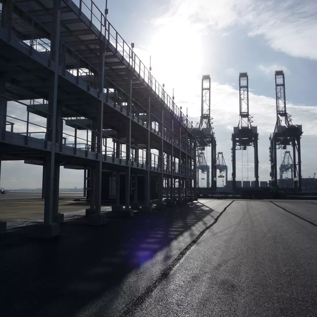 Zijaanzicht staalstructuur Reefer Zeebrugge. De staalstructuur bevindt zich links op de afbeelding. Achteraan bevinden zich havenkranen.