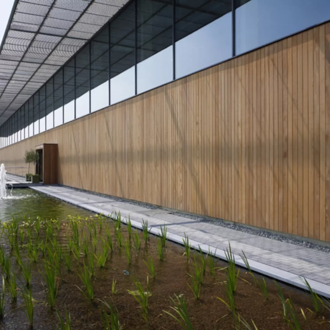 Magazijnruimte met kantoor - Ethnicraft. Rond het gebouw bevindt zich een vijver. Het gebouw is afgewerkt met houten planken.
