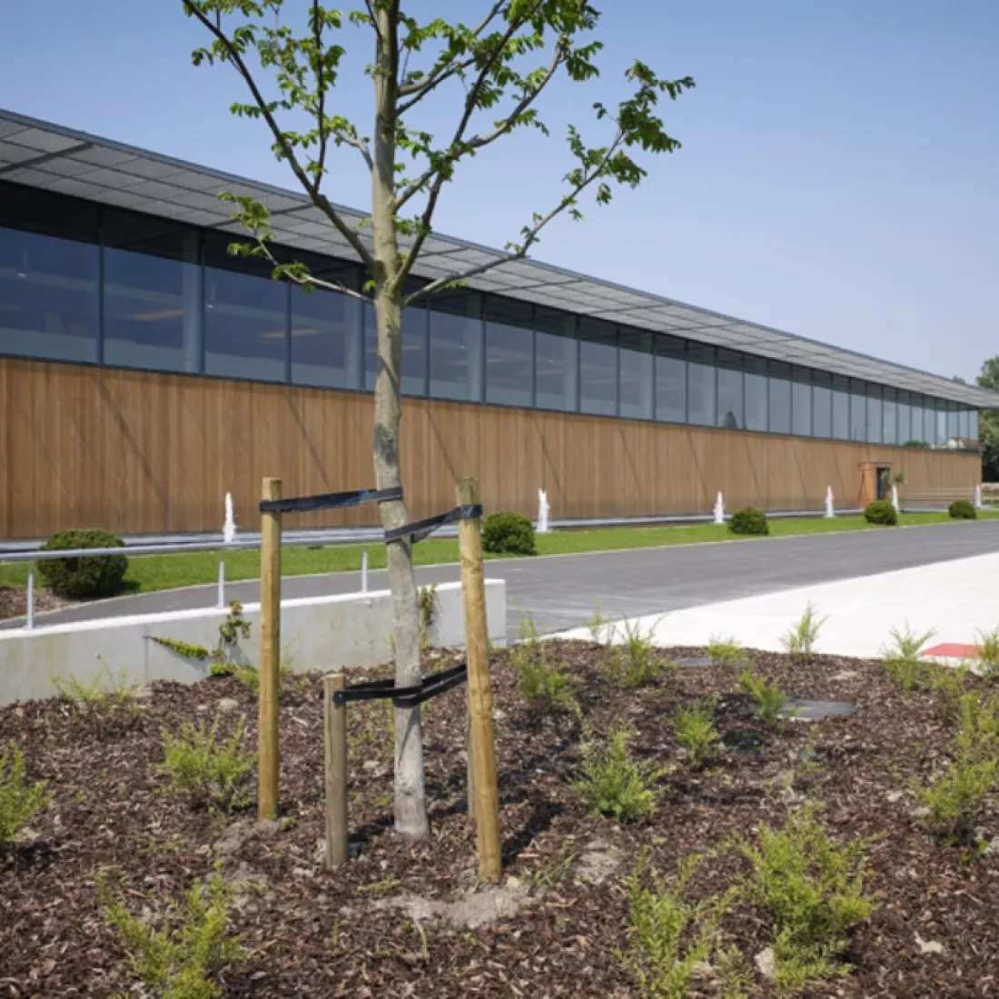 Zijaanzicht magazijnruimte met kantoor - Ethnicraft. Rond het gebouw bevindt zich een vijver. Voor de vijver is een klein stuk gras. Het gebouw bestaat uit beton en houten planken.