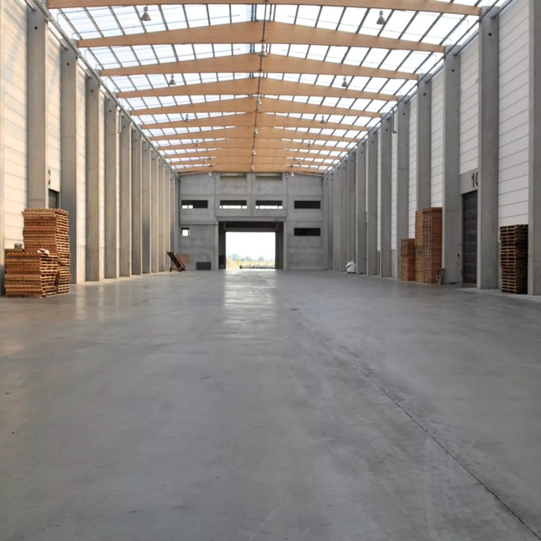 Binnenkant opslagplaats Scheldenatie. Het gebouw is opgebouwd met een combinatie van materialen zoals hout en beton. Het plafond bestaat volledig uit lichtstraten.