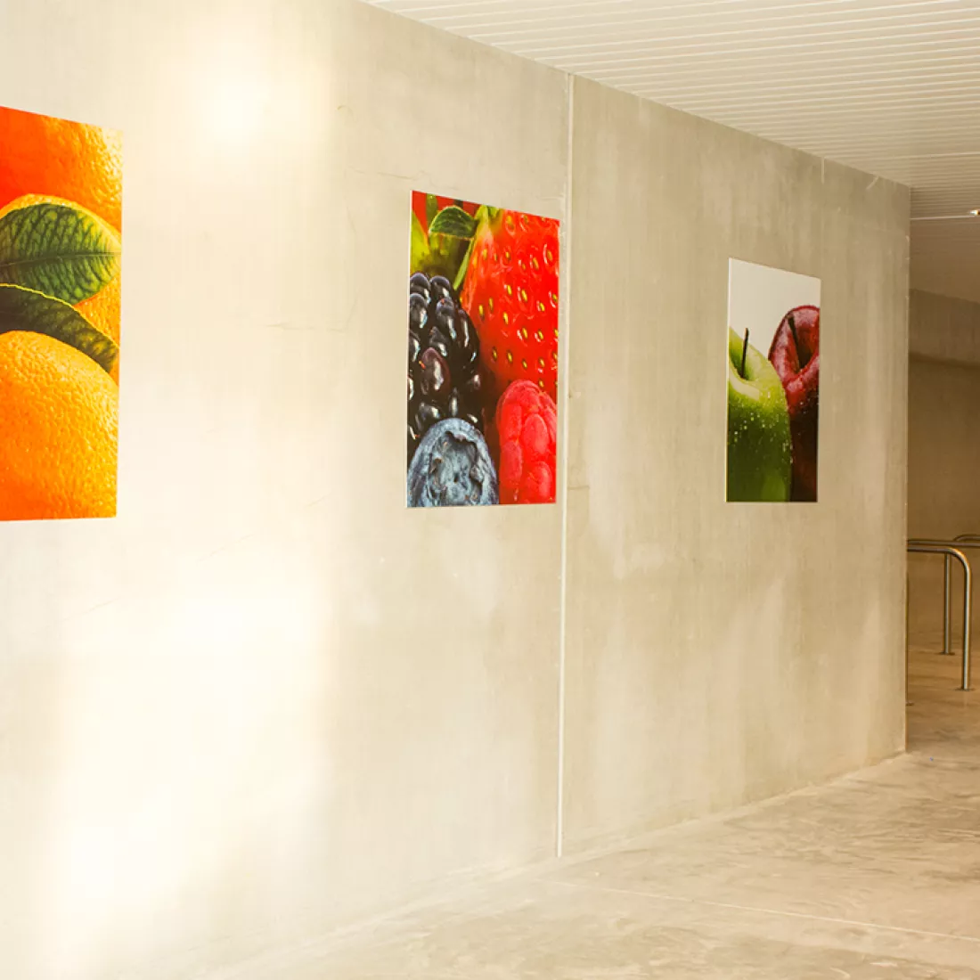 Inkom Aldi. Tegen de muur links hangen posters van fruit. Rechts naast de muur bevindt zich de parking voor fietsers.