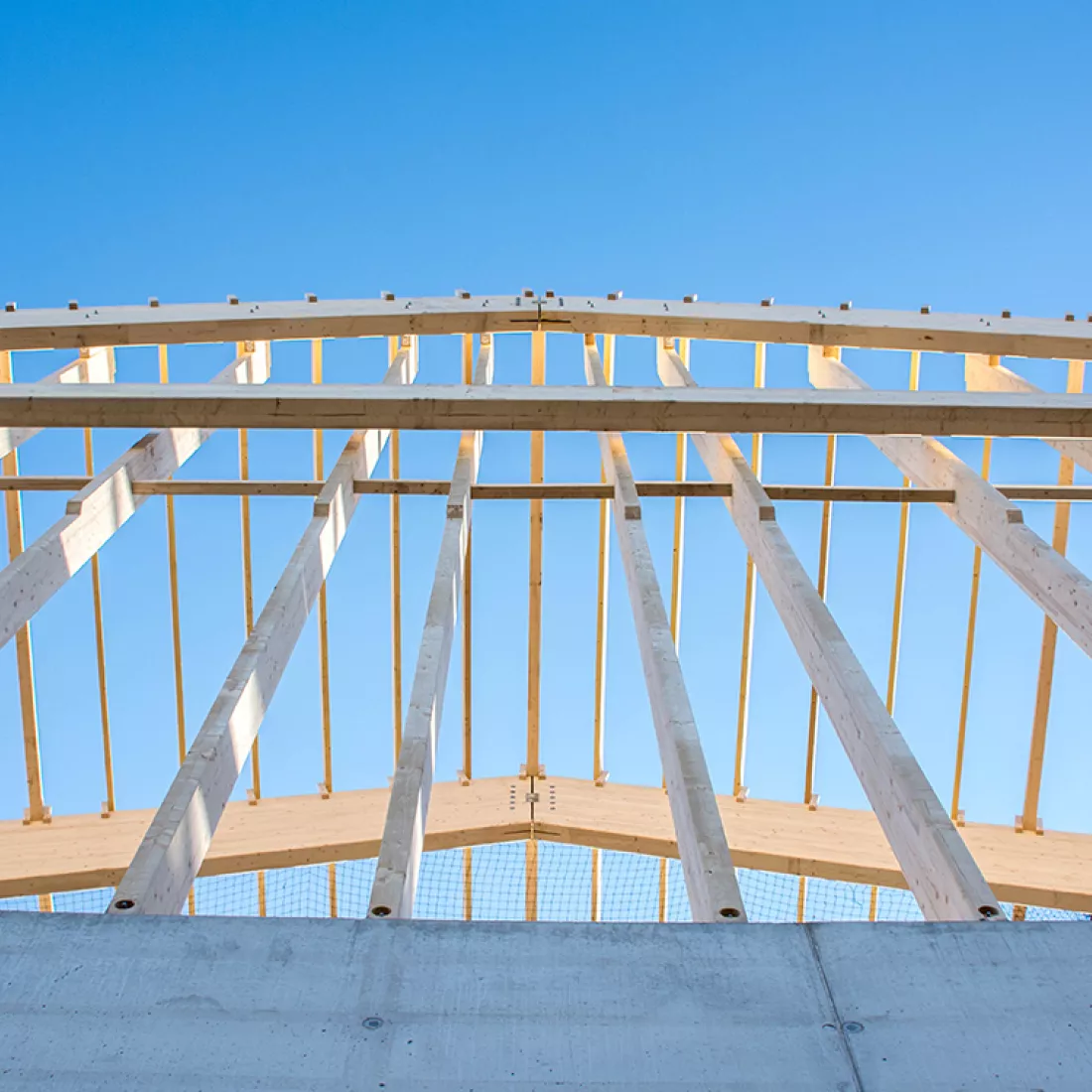 Onderaanzicht bulkloods - Stukwerkers. Op de muren, die gebouwd zijn met beton, is een houtstructuur geplaatst voor de bovenkant van de loods en het dak.