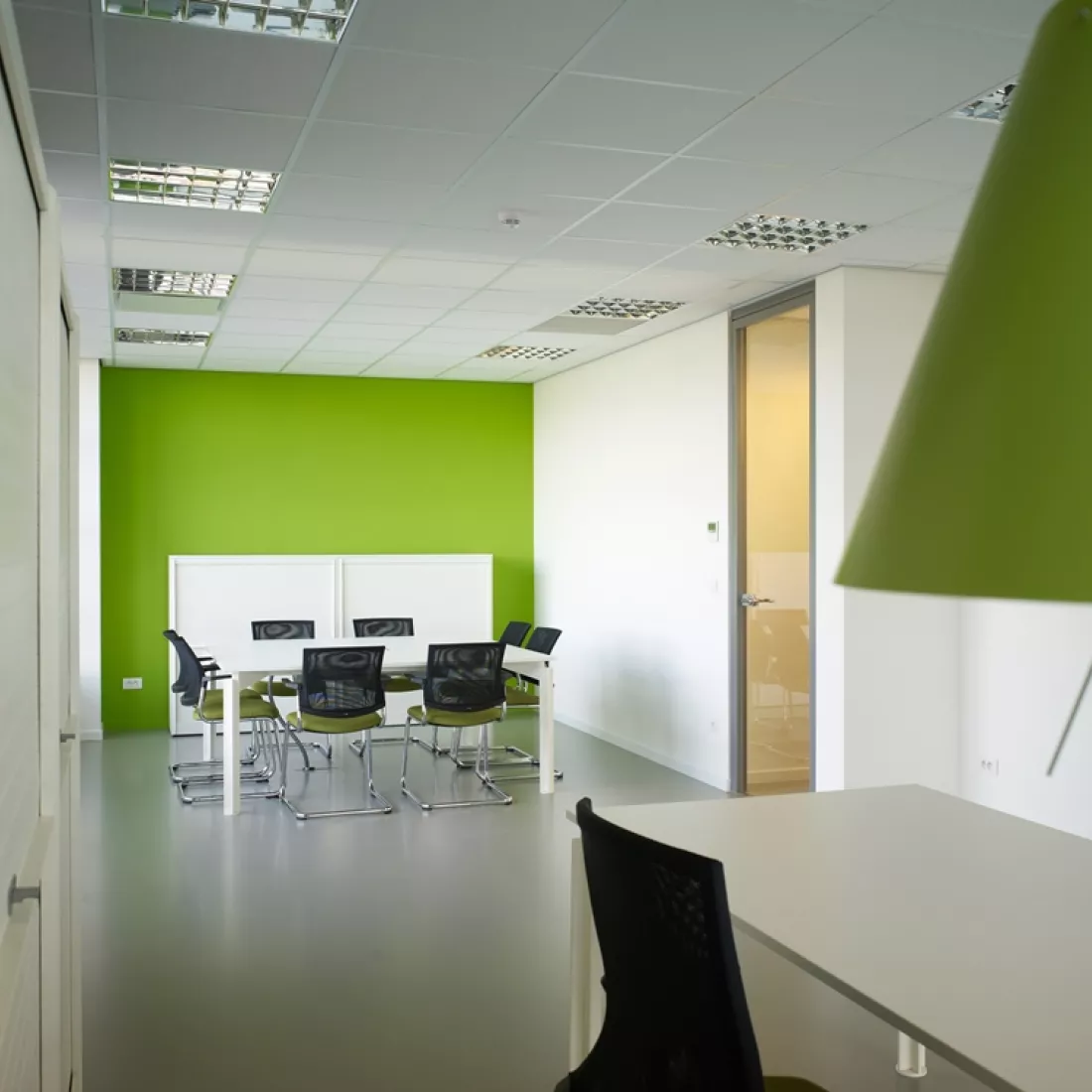 Binnenkant kantoor - DIBO. Het is een afbeelding van een vergaderruimte. De achterste muur is groen. Tegen deze muur staat een witte kast. Voor deze kast staat een witte tafel met groene stoelen rond. De rechtermuur is wit en bevat een glazendeur. Rechts staat een bureau.