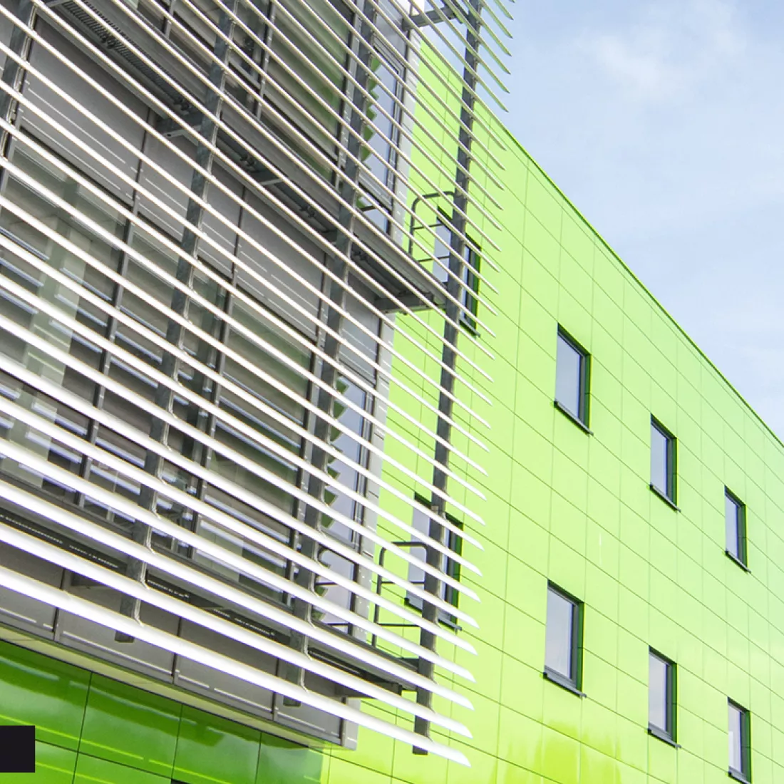 Close-up groene tegels werkgebouw DIBO. De afbeelding is gemaakt na de renovatie.