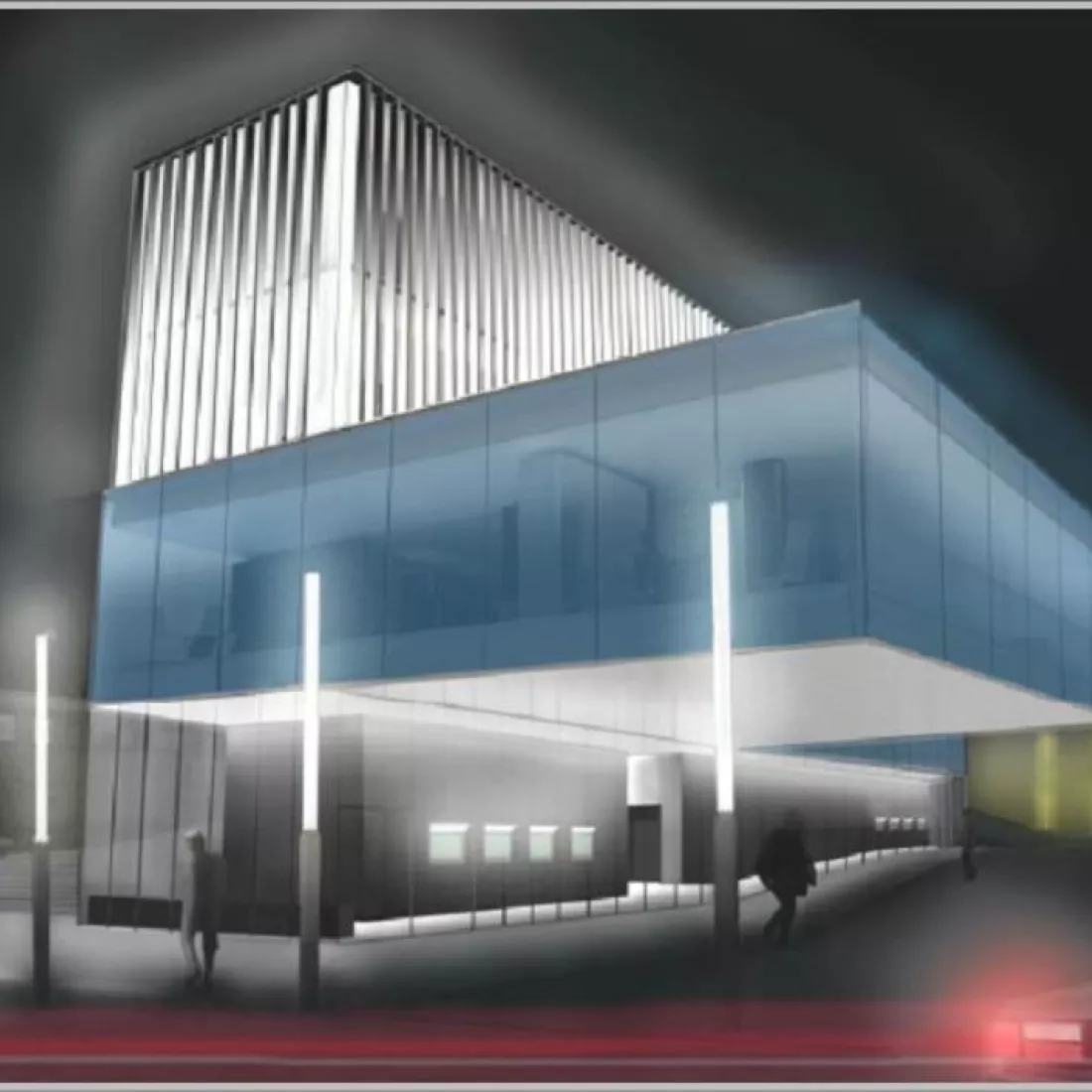 3D afbeelding kantoor KBC Leuven. Het kantoor bestaat uit meerdere verdiepen en bevat grote ramen. Het tweede verdiep steekt wat meer naar voor.