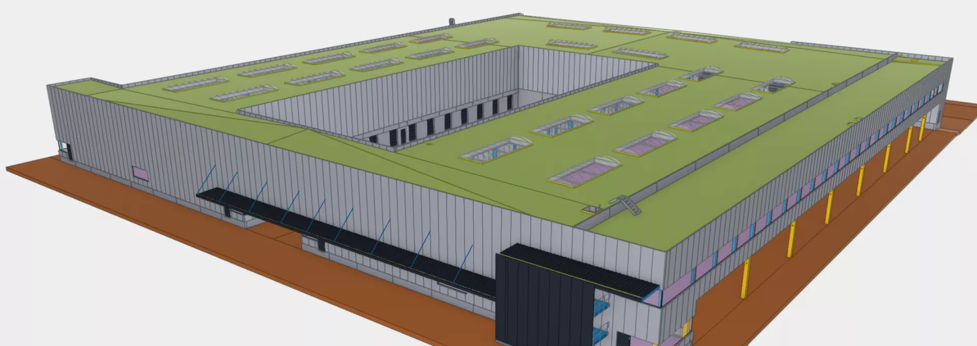 3D afbeelding sorteercentrum Post NL - Weerts Evergem. De 3D afbeelding is vanuit bovenaanzicht. Het plafond bevat enkele lichtstraten. Het gebouw is opgebouwd met staal.