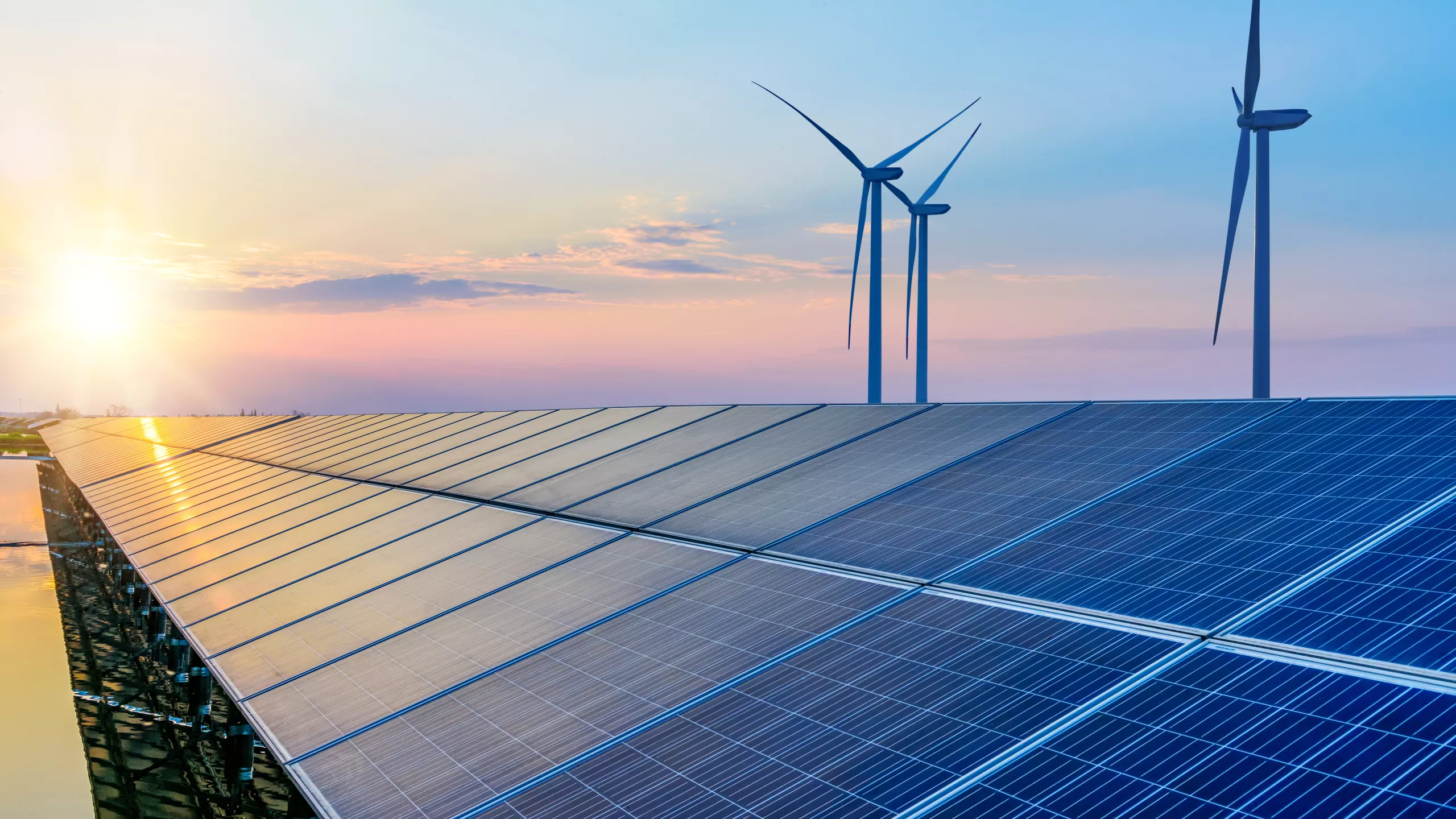 dak ven een gebouw met zonnepanelen en windmolens op de achtergrond