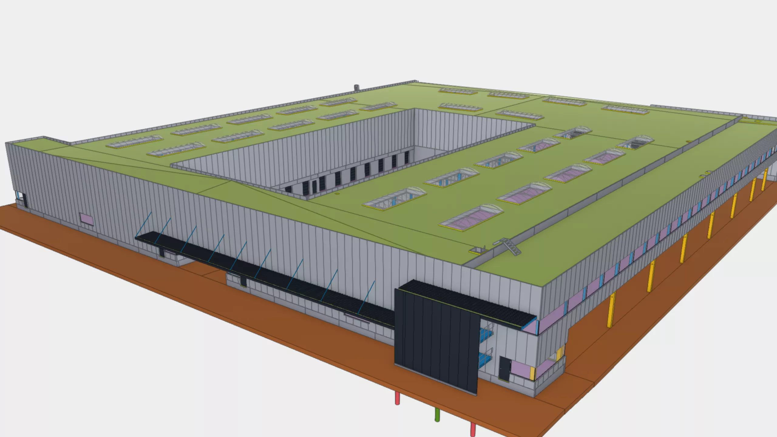 3D afbeelding sorteercentrum Post NL - Weerts Evergem. De 3D afbeelding is vanuit bovenaanzicht. Het plafond bevat enkele lichtstraten. Het gebouw is opgebouwd met staal.