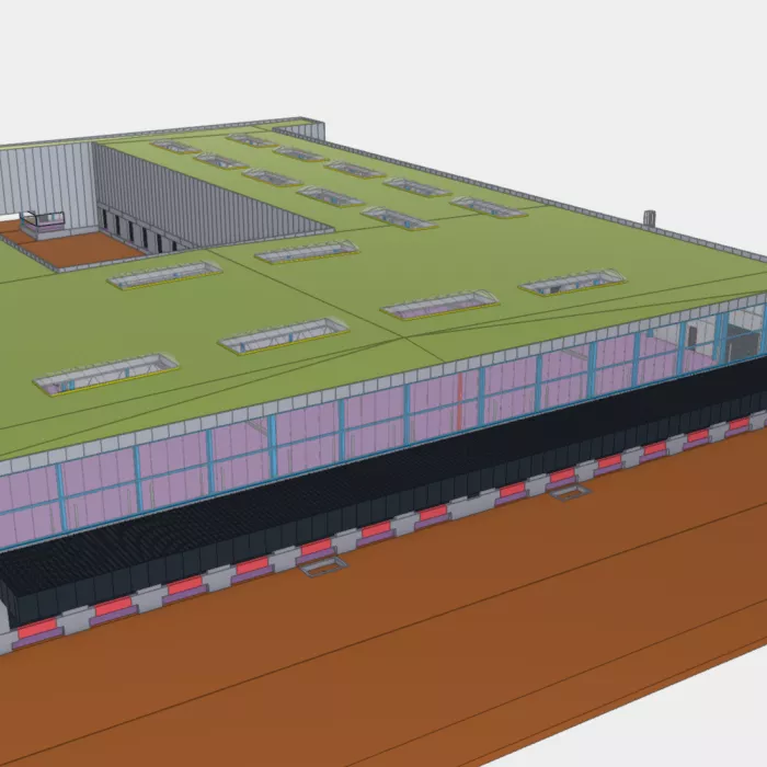 3D afbeelding sorteercentrum Post NL - Weerts Evergem. De 3D afbeelding is vanuit bovenaanzicht. Het plafond bevat enkele lichtstraten. Het gebouw is opgebouwd met staal. Het gebouw heeft een binnenplein.