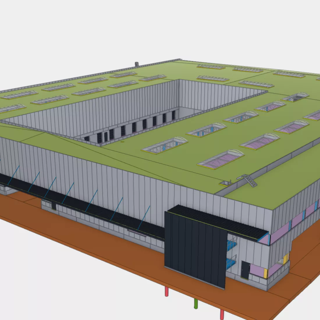 3D afbeelding sorteercentrum Post NL - Weerts Evergem. De 3D afbeelding is vanuit bovenaanzicht. Het plafond bevat enkele lichtstraten. Het gebouw is opgebouwd met staal. Het gebouw heeft een binnenplein.