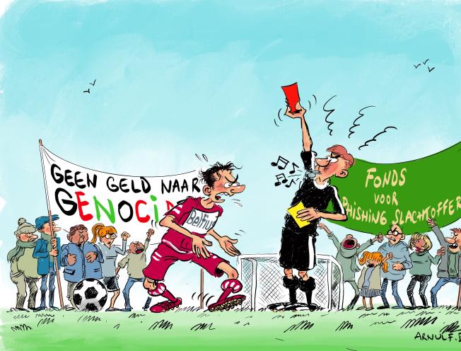 Cartoon met Belfius als voetbalspeler die een rode kaart krijgt 