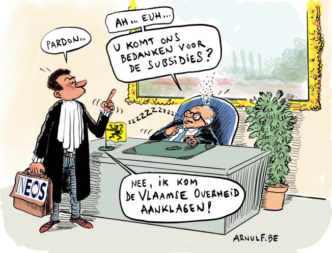 Cartoon met Ineos als advocaat die de Vlaamse overheid wil aanklagen