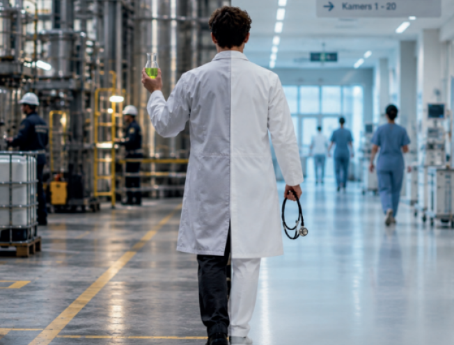 Gesplitst beeld met links een onderzoeker in een chemiefabriek en rechts een dokter in een ziekenhuis