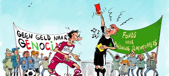 Cartoon met Belfius als voetbalspeler die een rode kaart krijgt 
