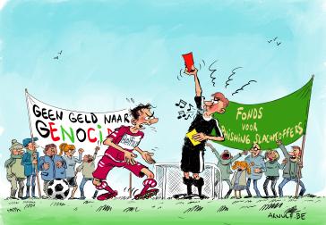 Cartoon met Belfius als voetbalspeler die een rode kaart krijgt 