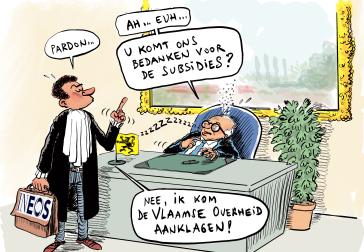 Cartoon met Ineos als advocaat die de Vlaamse overheid wil aanklagen