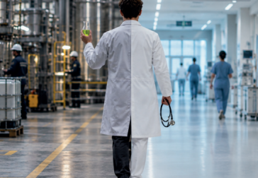 Gesplitst beeld met links een onderzoeker in een chemiefabriek en rechts een dokter in een ziekenhuis