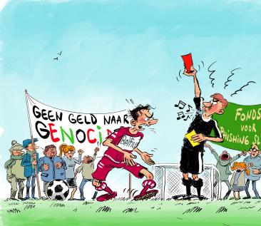 Cartoon met Belfius als voetbalspeler die een rode kaart krijgt 