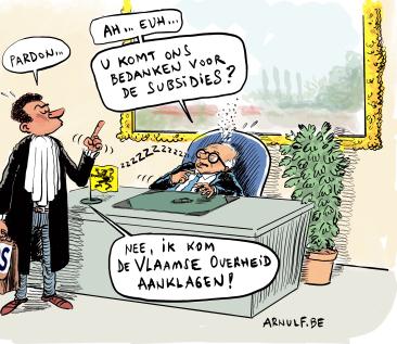 Cartoon met Ineos als advocaat die de Vlaamse overheid wil aanklagen