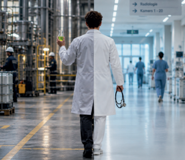 Gesplitst beeld met links een onderzoeker in een chemiefabriek en rechts een dokter in een ziekenhuis