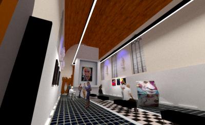Kijkend van de zij-ingang van de zaal richting achterkant 