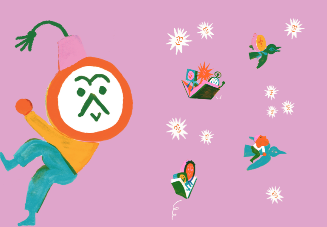 Mannetje met klok als hoofd probeert weg te sluipen