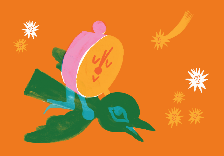 Wekkertje vliegt op een vogel door de nacht