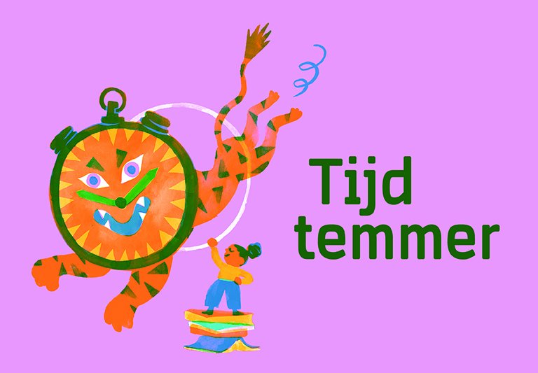 Tijdtemmer Personage Tijdtemmer: Een tijger met een klok als hoofd springt door een hoepel