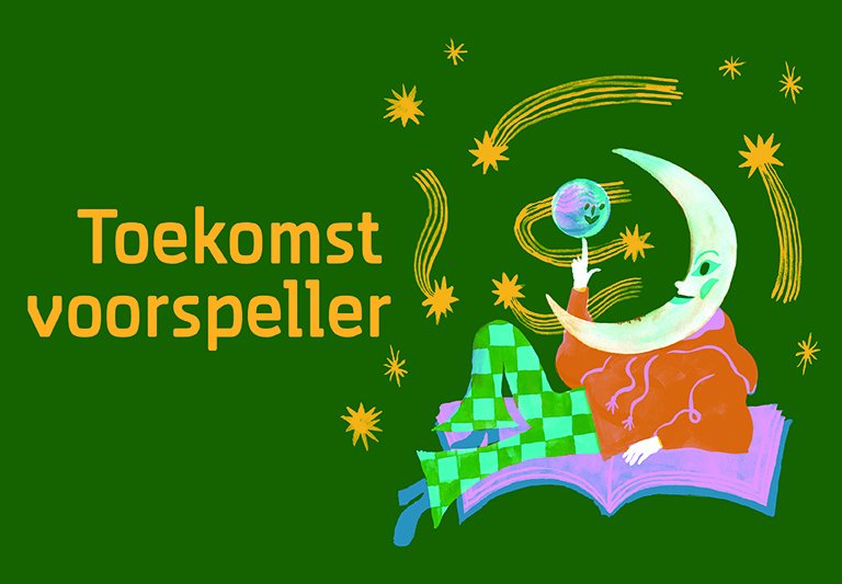 Personage Toekomstvoorspeller: Een mannetje met een hoofd in de vorm van een maansikkel ligt op een boek