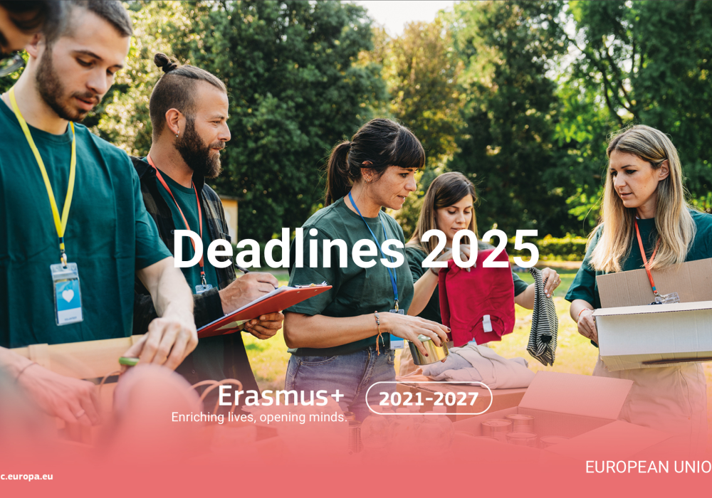 Groep jonge mensen werkt samen buiten, pakt dozen in en maakt aantekeningen. Tekst erop: Deadlines 2025