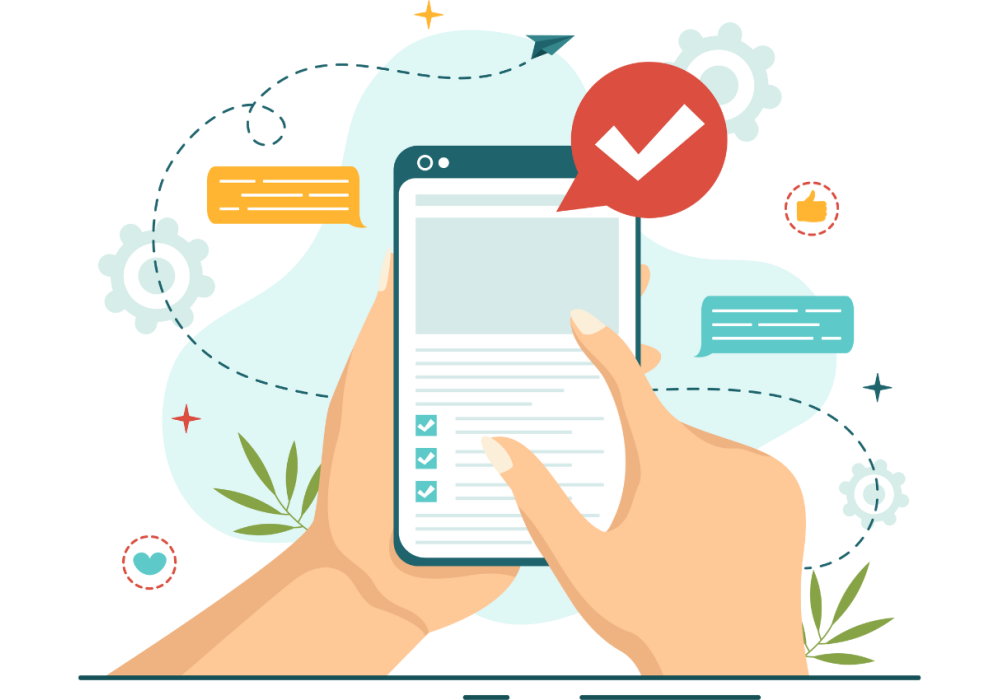 Illustratie van twee handen die een gsm vasthouden, met checksymbooltjes errond