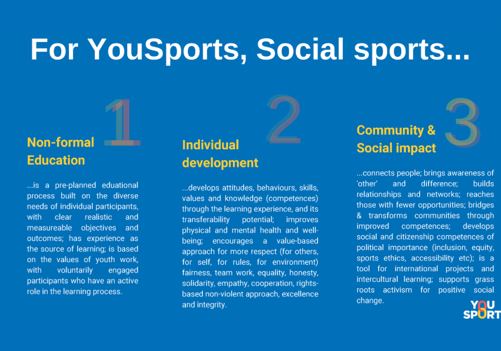 Sociale sport betekent voor YouSports: non-formeel leren, persoonlijke ontwikkeling, en community en sociale impact