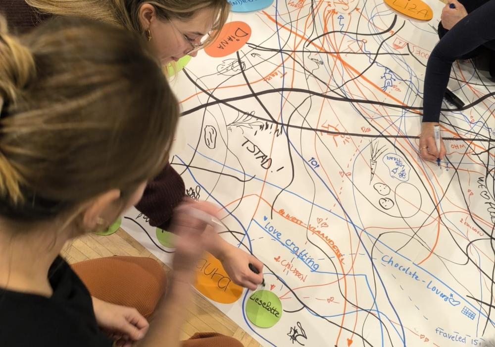 Jeugdwerkers tijdens een workshop rond een groot blad met een wirwar aan lijnen