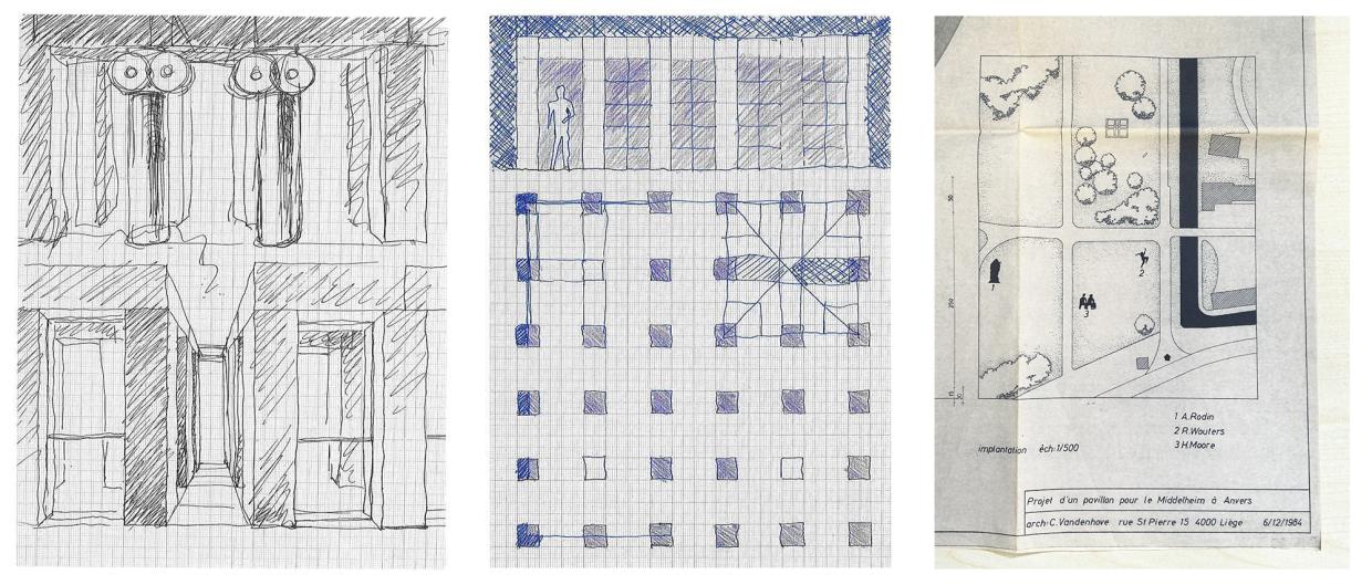 'Zuilenpaviljoen': voorbereidende schetsen en projectplan van kunstenaar-architect Charles Vandenhove
