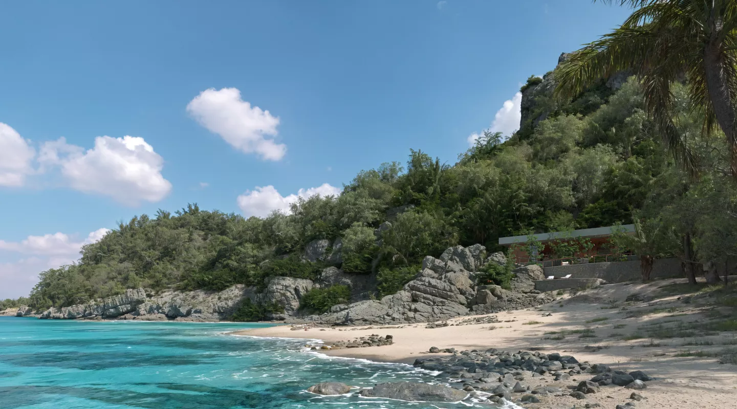 zij aanzicht van de villa aan het strand