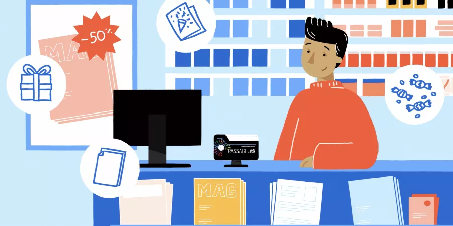 Winkelier staat achter zijn toonbank in een krantenwinkel