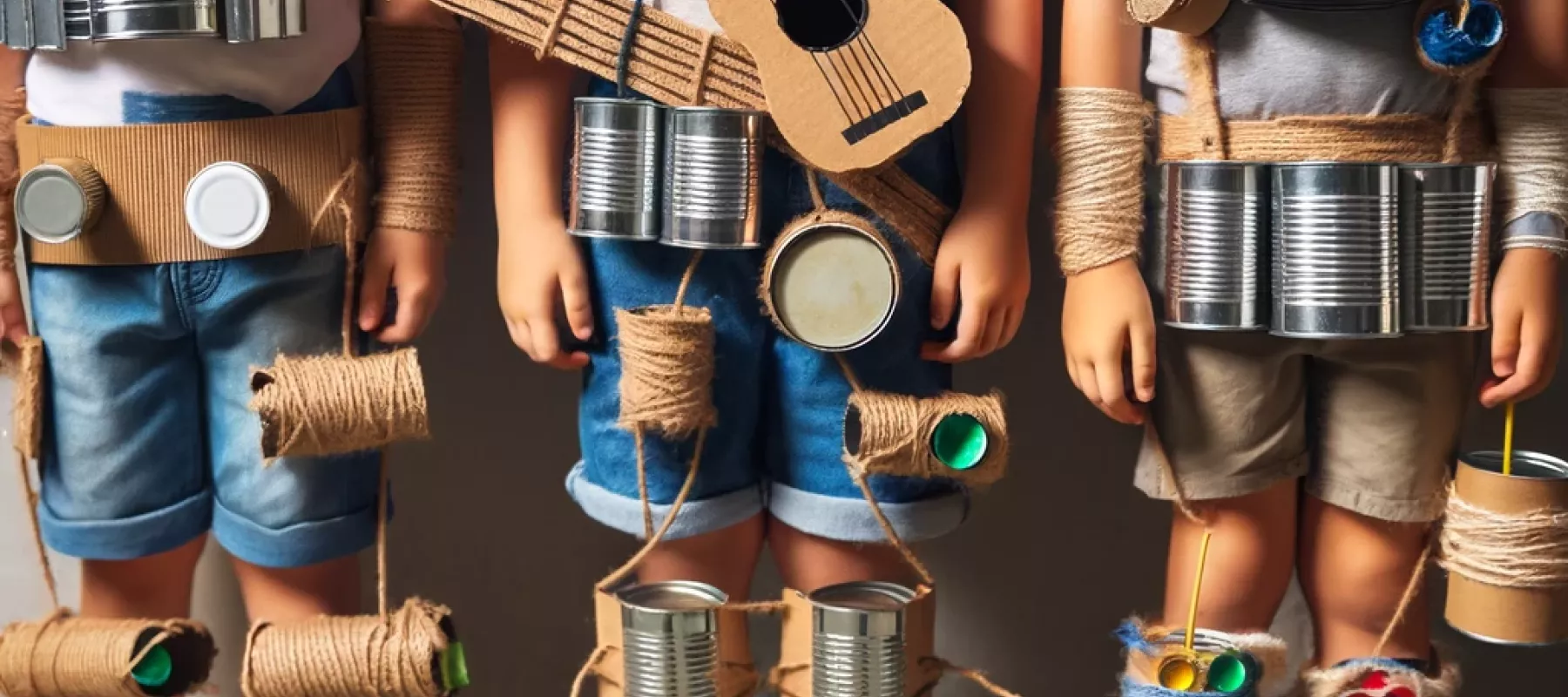 Kinderen met een kostuum van zelfgemaakte muziekinstrumenten