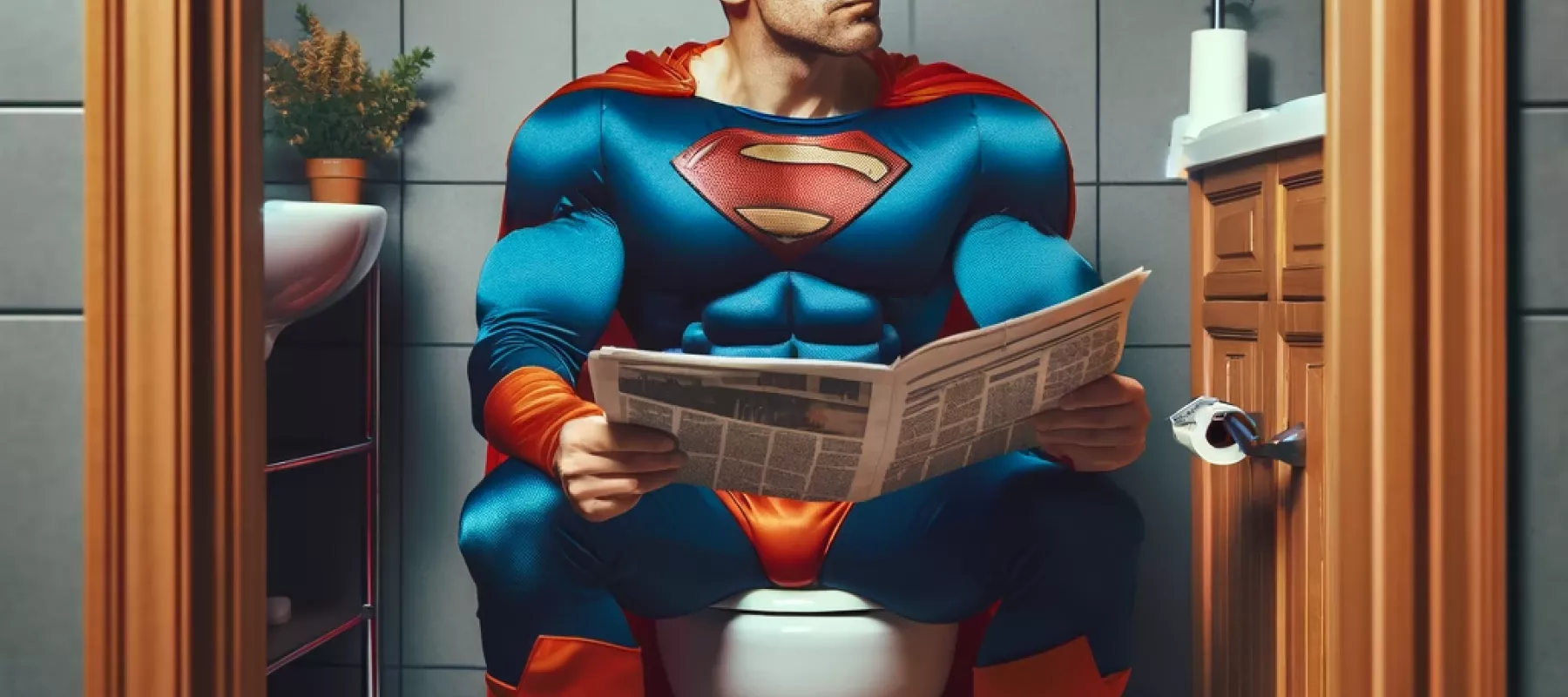 Een superheld leest de krant op het toilet