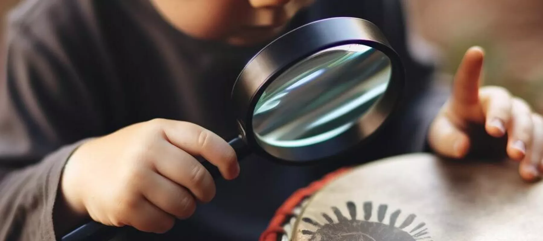 Kind kijkt met vergrootglas naar djembe