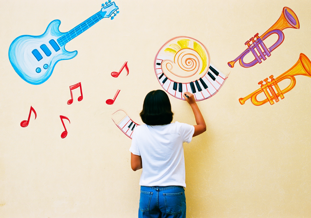Iemand maakt een muurtekening. Er staan een gitaar, piano, trompet en muzieknoten op de muur.