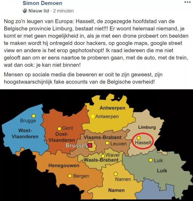 Schermafbeelding van een facebookbericht van Simon Demoen waarin hij beweert dat Hasselt niet echt is.