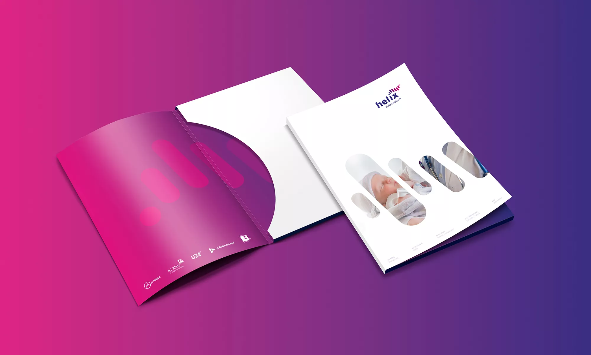 render van Helix-brochure met kleuren paars en fuchsia