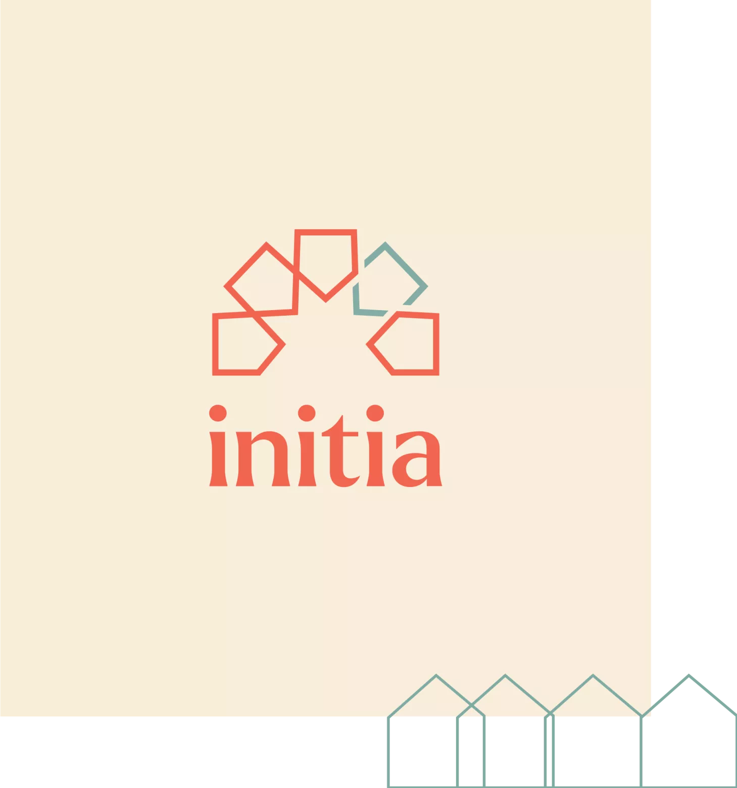 afbeelding van het logo van Initia, met rood en groen als kleuren, waarbij vier rode huisjesiconen een halve cirkel vormen met een extra groen huisicoon, de naam 'Initia' in kleine letters eronder