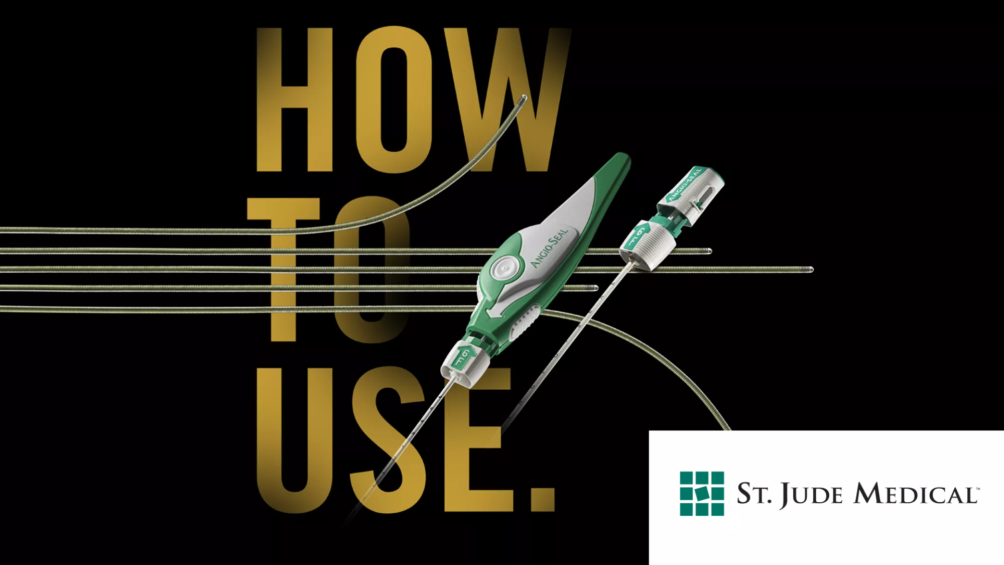 afbeelding van Saint Jude Medical, zwarte achtergrond met speciale medische apparatuur en een vermelding 'how to use'