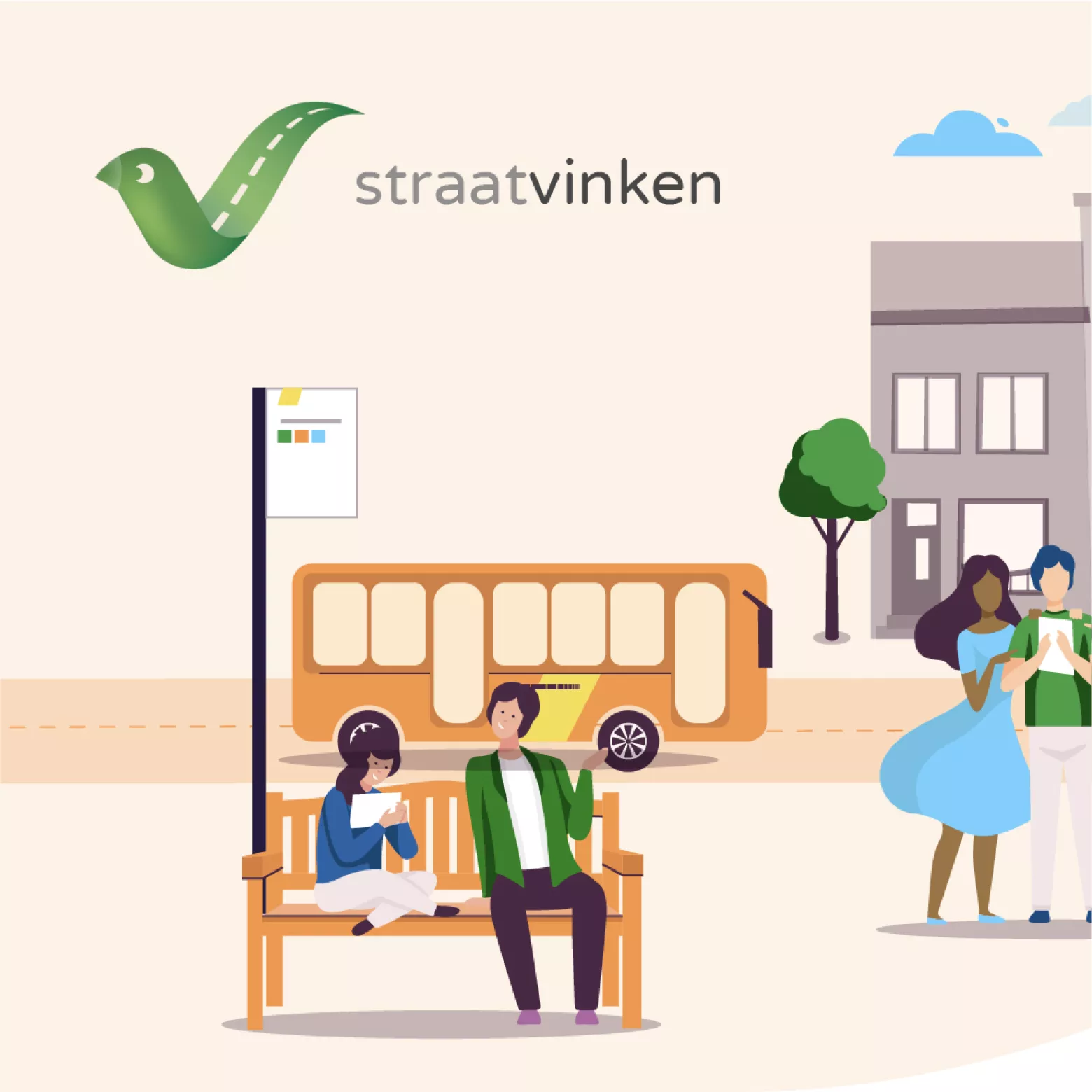 afbeelding van stadsbeeld met bus en toeristen