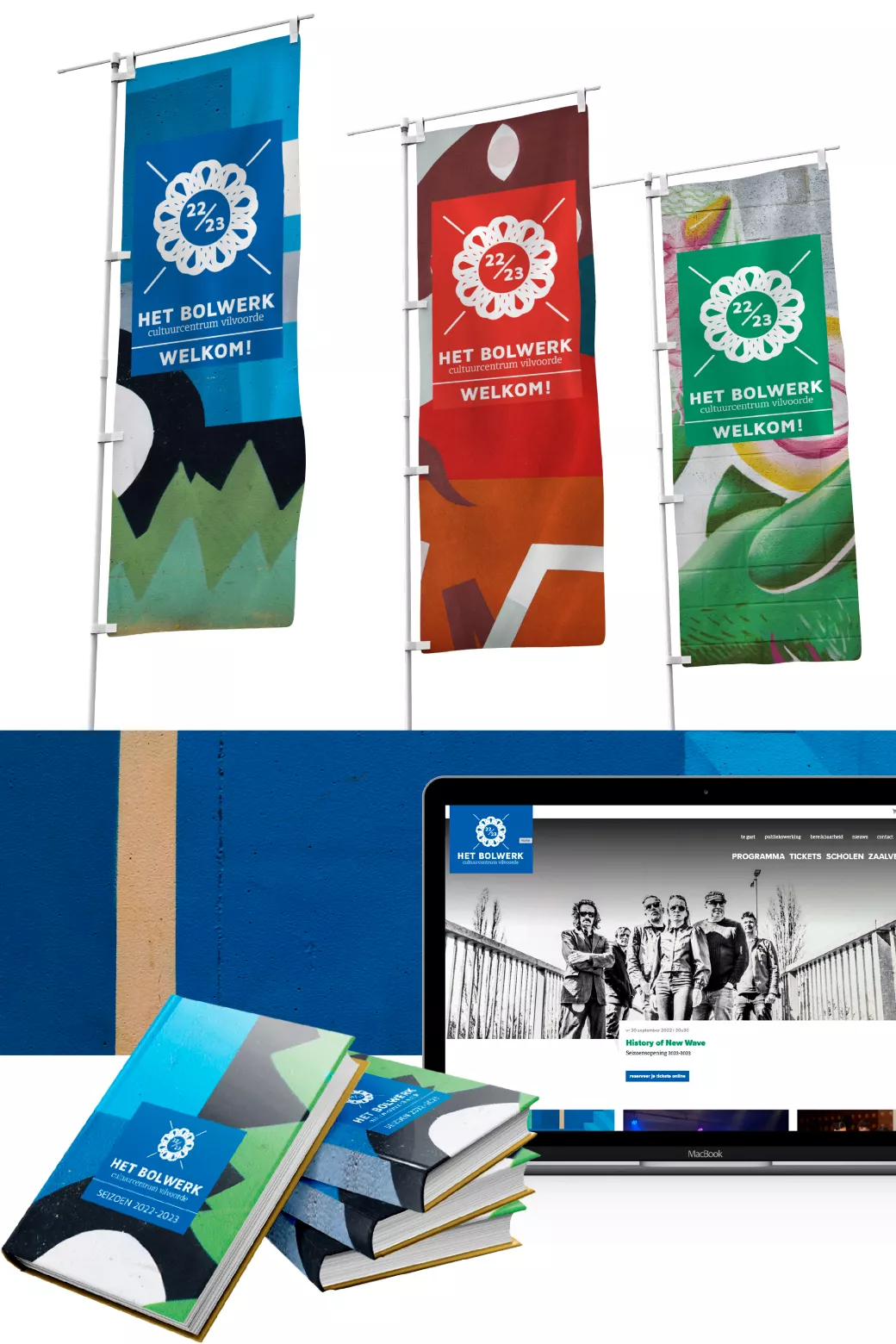 compilatieafbeelding van vlaggen, brochure en website Bolwerk