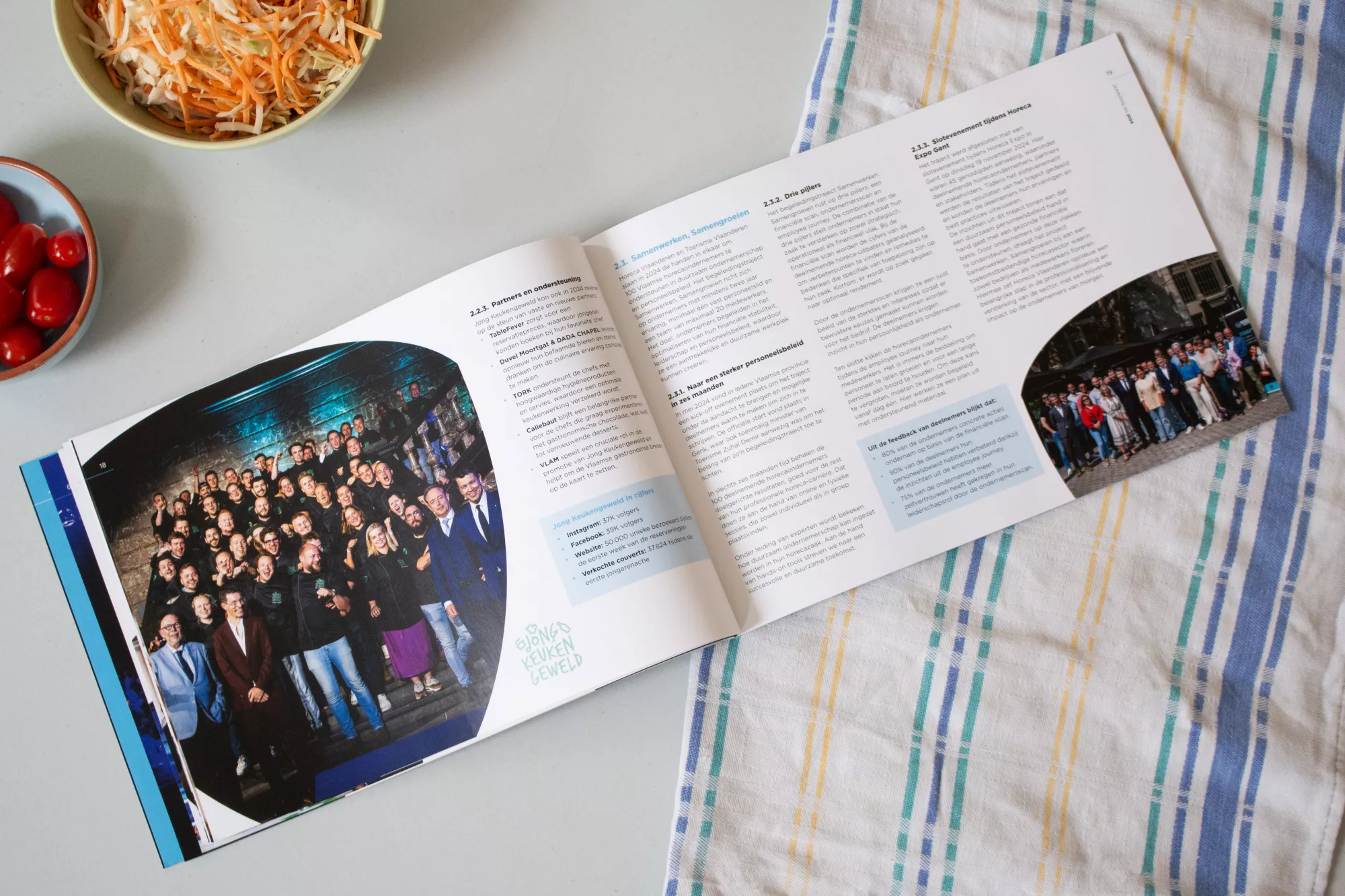 openliggend magazine op tafel, met handdoek eronder en eetkommetjes ernaast