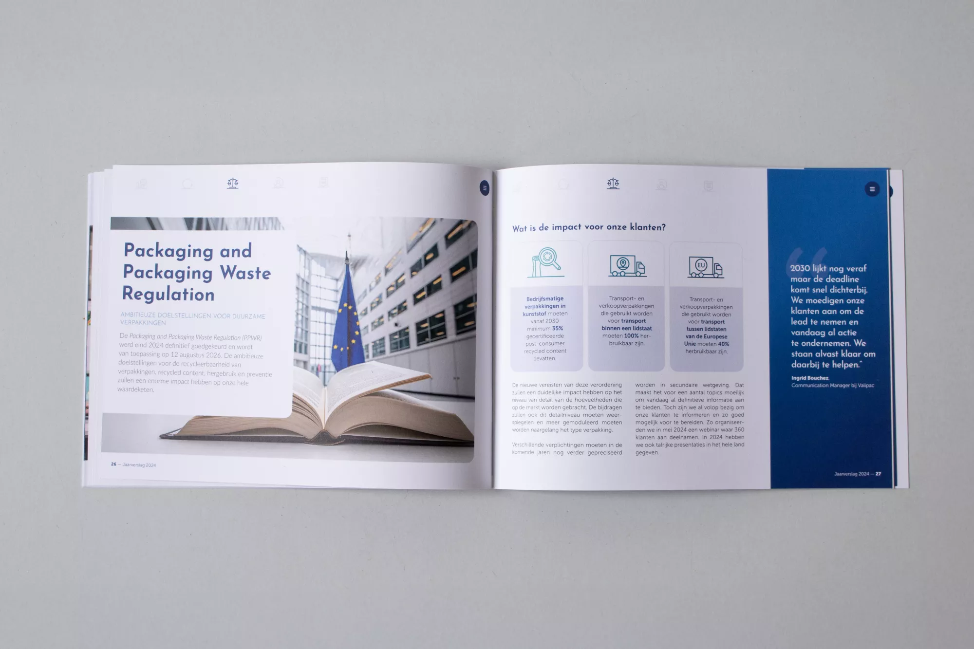 openliggend jaarverslag met duidelijke iconen, grote titels en foto van openliggend boek om de bladspiegel aantrekkelijker en meer leesbaar te maken